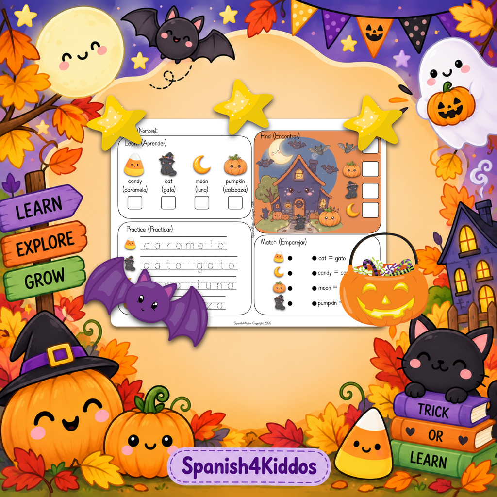 Spanish Halloween Learning Mats for Kids Ages 3-5 | Bilingual Preschool Activities