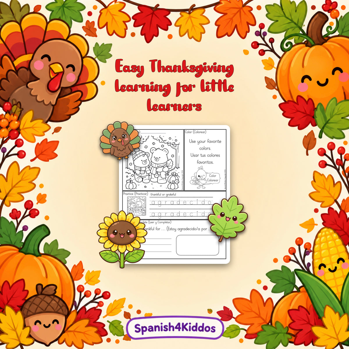 Spanish Thanksgiving Activities for Kids | 90+ Bilingual English & Spanish Printables | PreK-K Ages 3–5