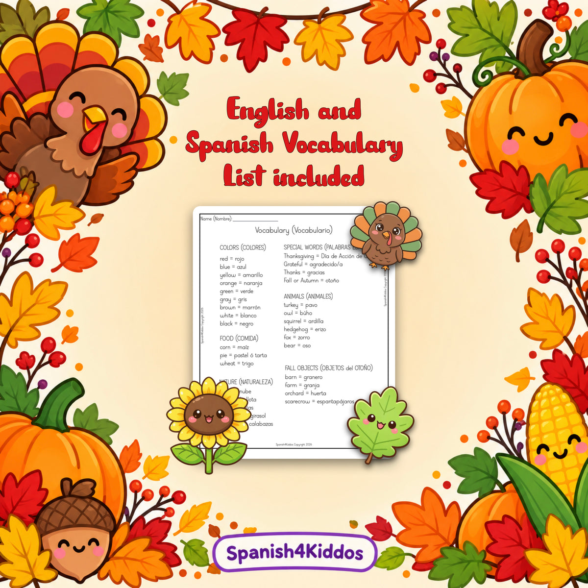 Spanish Thanksgiving Activities for Kids | 90+ Bilingual English & Spanish Printables | PreK-K Ages 3–5