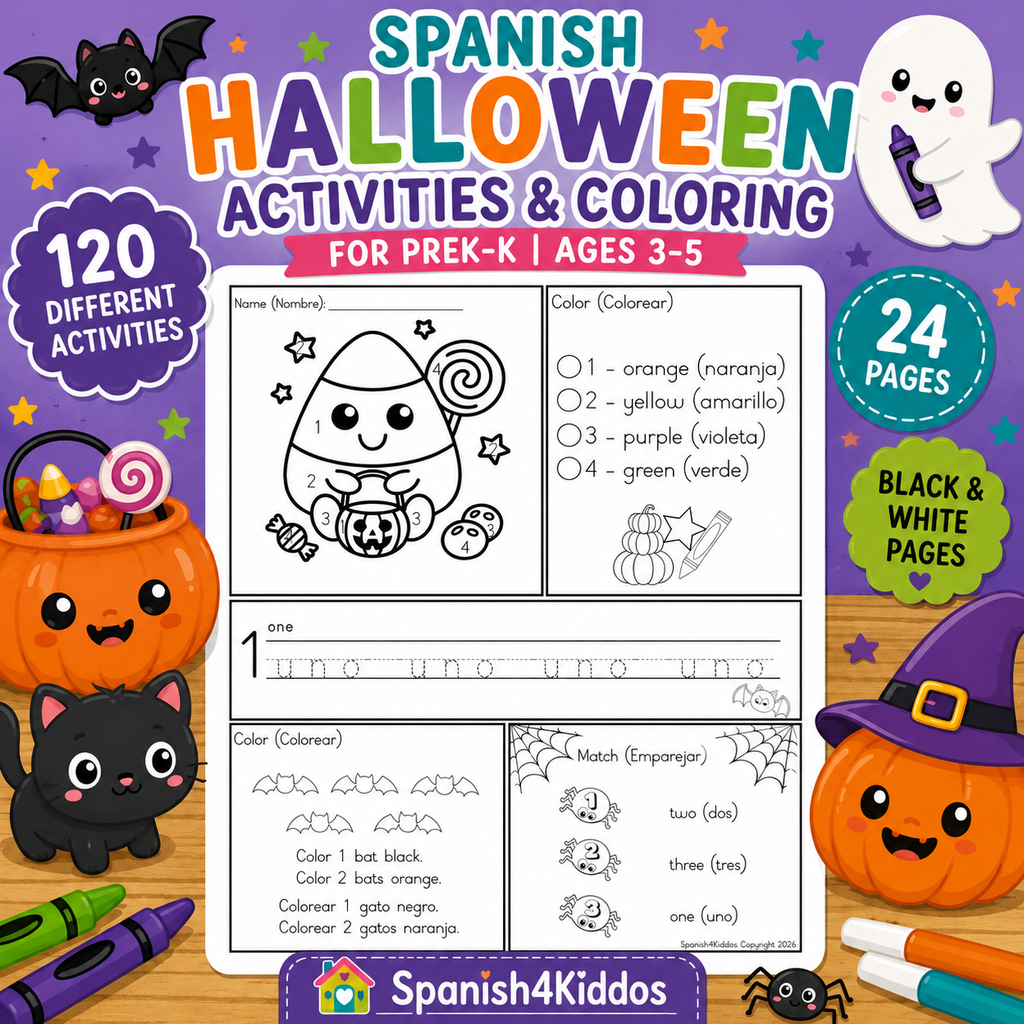 Spanish Halloween Activities and Coloring Book for Kids - PreK to K