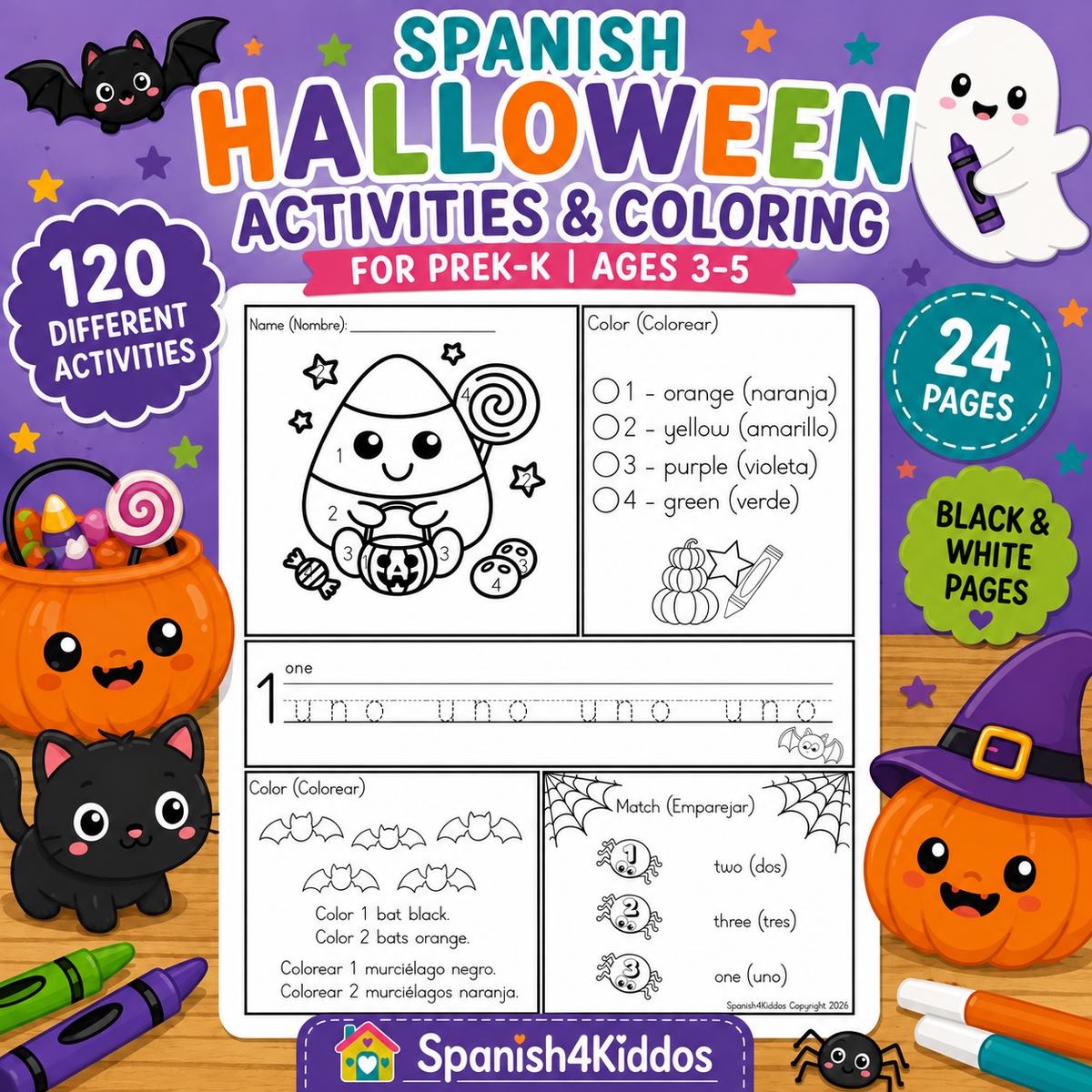 Spanish Halloween Activities and Coloring Book for Kids - PreK to K