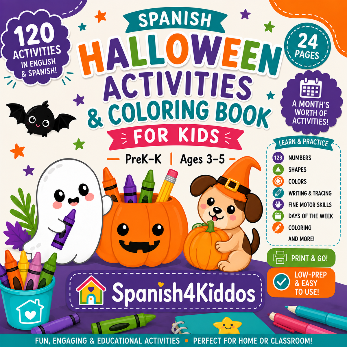 Spanish Halloween Activities and Coloring Book for Kids - PreK to K