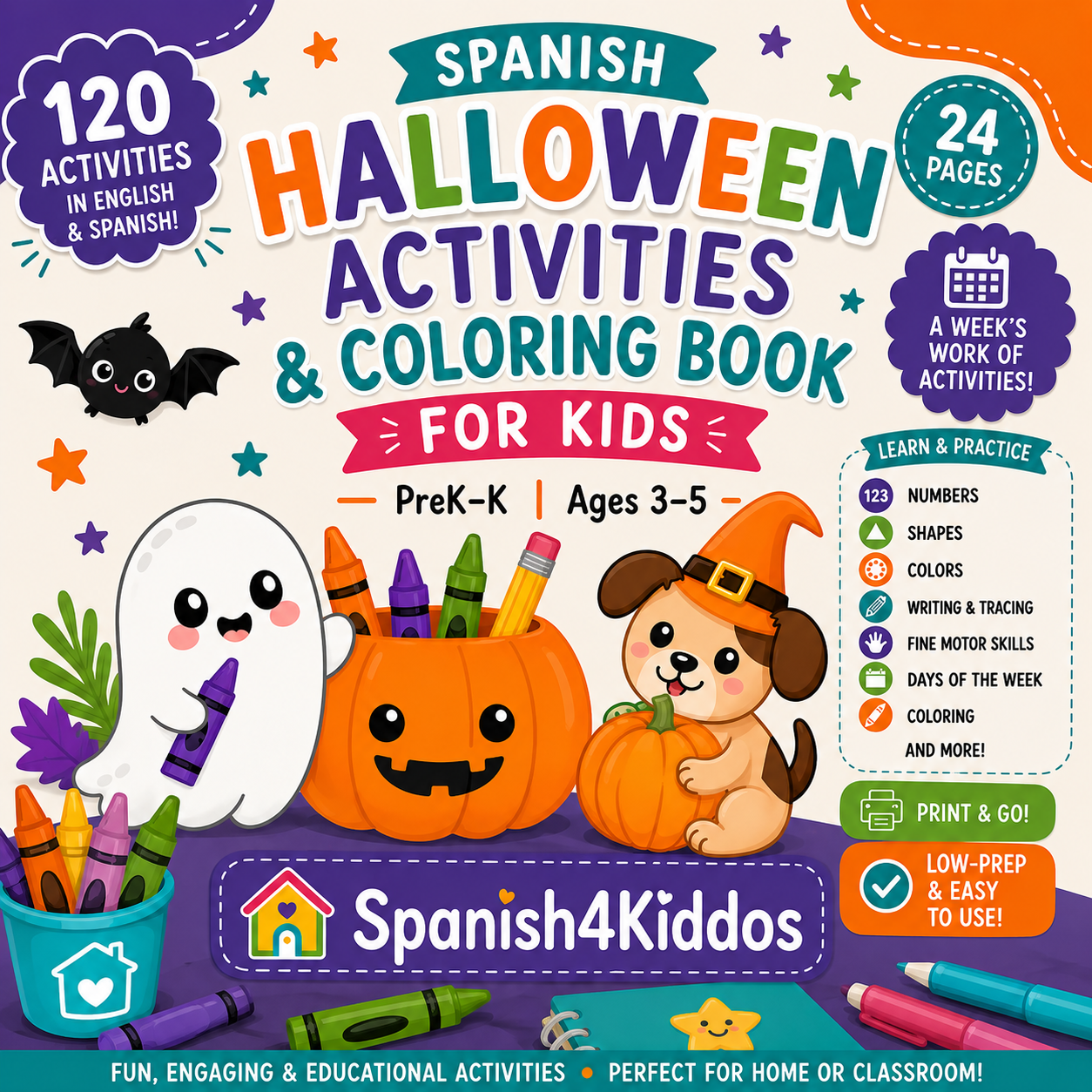 Spanish Halloween Activities and Coloring Book for Kids - PreK to K